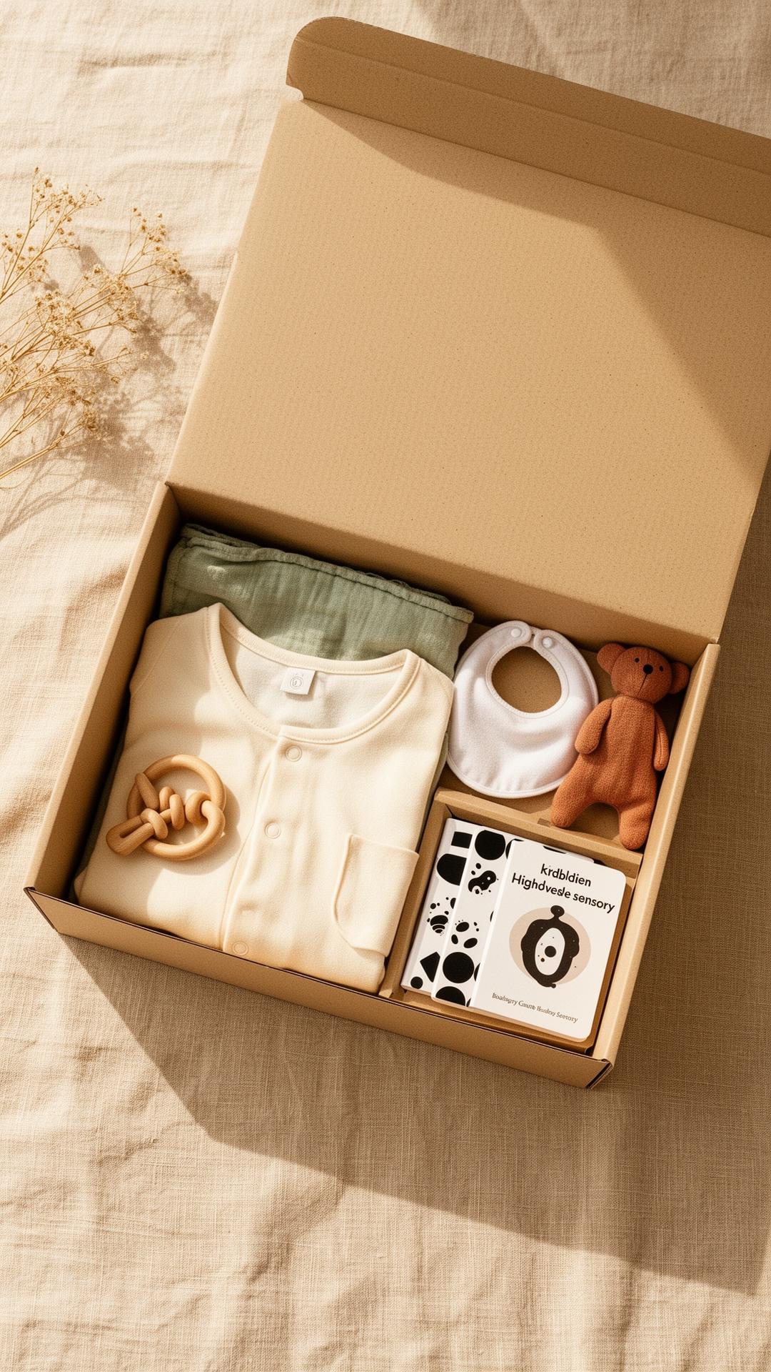 An open Jumble Dream baby box with cotton sleepsuit, sage muslin, wooden toy, sensory cards and comforter